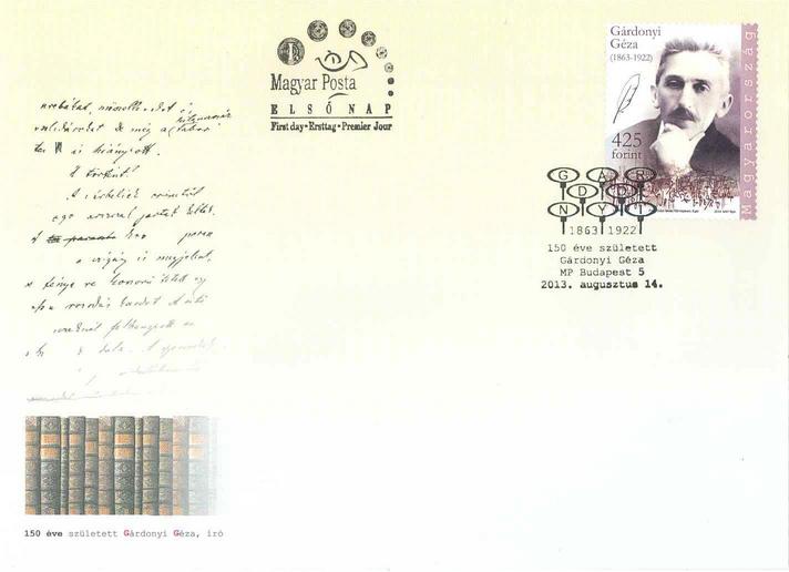 A képen a 150 éve született Gárdonyi Géza elsőnapi boríték  látható