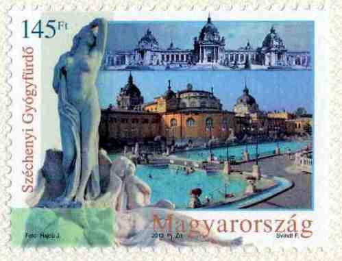 A képen a Széchenyi Gyógyfürdőt bemutató bélyeg látható