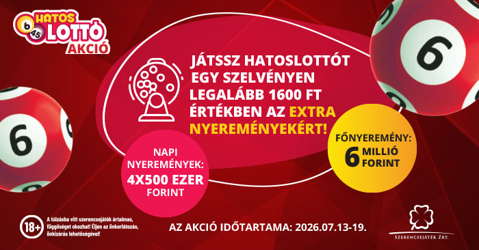 Hatoslottó akció - Játssz hatoslottót egy szelvényen legalább 1600 Ft értékben az extra nyereményekért! Főnyeremény 6 millió Ft, napi nyeremények: 4x500 ezer Ft.