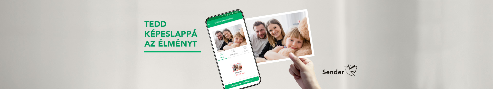 Sender. Tedd képeslappá az élmény. A képen egy családi fotó látható a Sender applikációban.