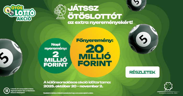Játssz ötöslottót az extra nyereményekért! Főnyeremény 20 millió forint. Napi nyeremény 2 millió forint.