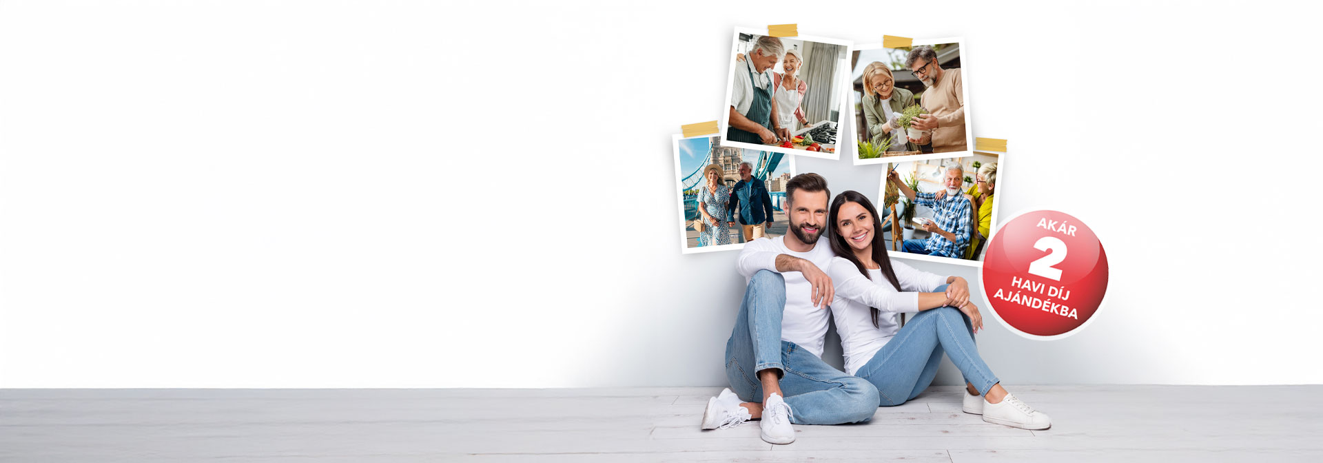 A képen egy mosolygó pár látható, háttérben képek láthatóak, amin idős párok láthatóak.