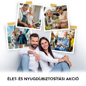 A képen egy mosolygó pár látható, háttérben képek láthatóak, amin idős párok láthatóak.