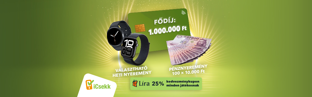 Nyerj időt az iCsekkel! A képen a fődíj 1000000 Ft, és a további díjak láthatóak.