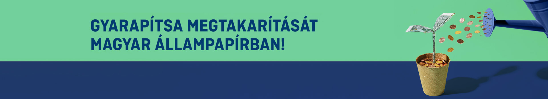 N/AGyarapítsa megtakarítását Magyar Állampapírban! Illusztrációként egy papírpénz fácskát látunk, amit érmékkel locsolnak.