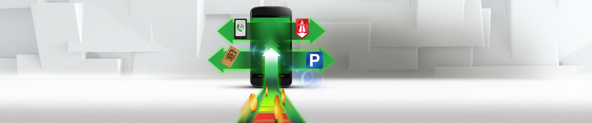 A képen egy mobil készülék látható, melyre pénzérmék gurulnak, és a parkolás, az autópálya, a telefonálás és a vonatjegy szimbóluma kapcsolódik.